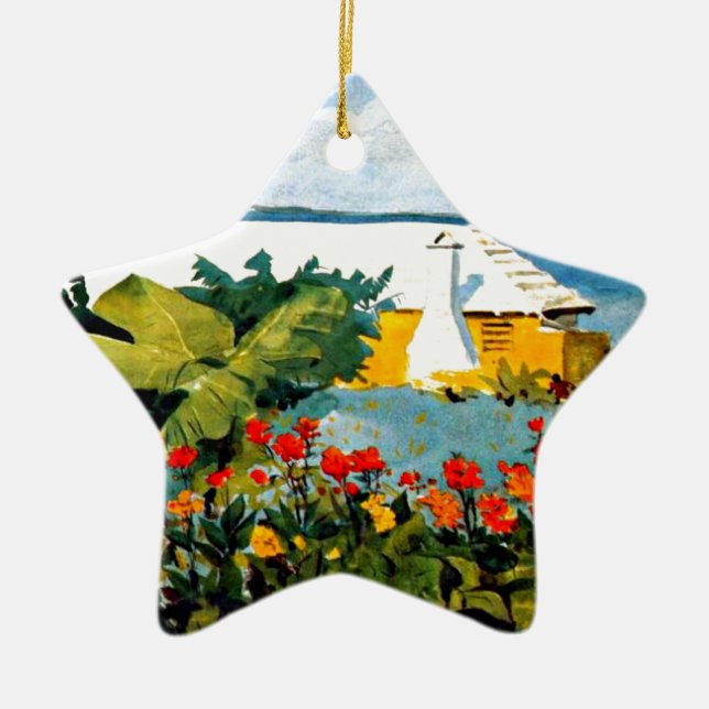 Bermuda - Flower Garden and Bungalow Ceramic Tree Decoration (Front)