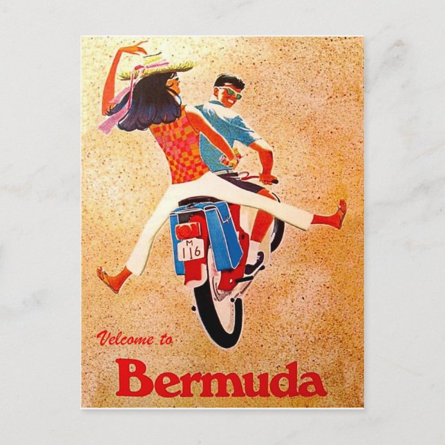 Bermuda, happy couple on motorcycle ride postcard (Front)