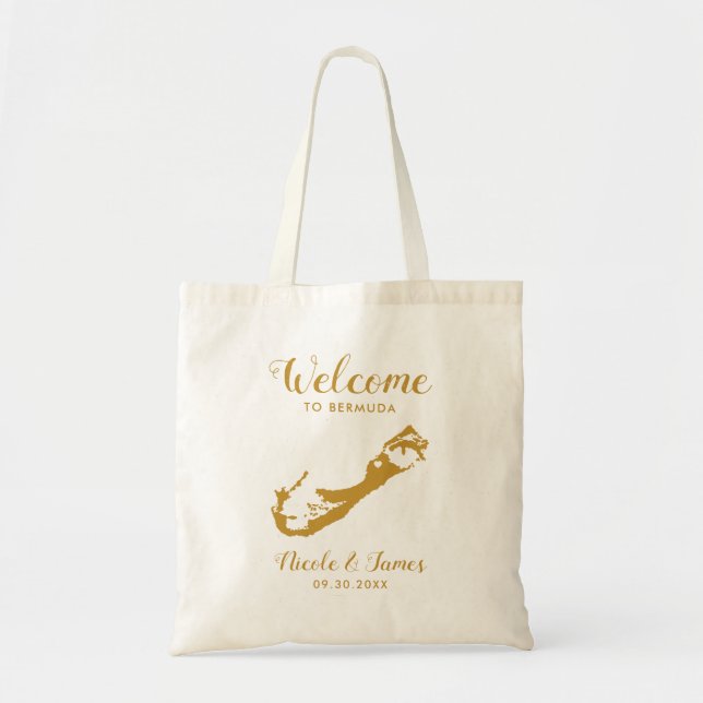 Bermuda Map Wedding Welcome Tote Bag in Gold (Front)