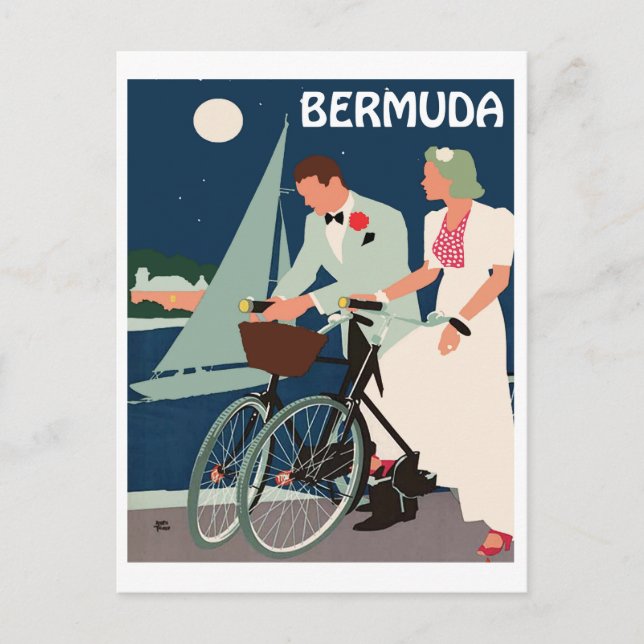 Bermuda, young couple with bicycles by the coast postcard (Front)