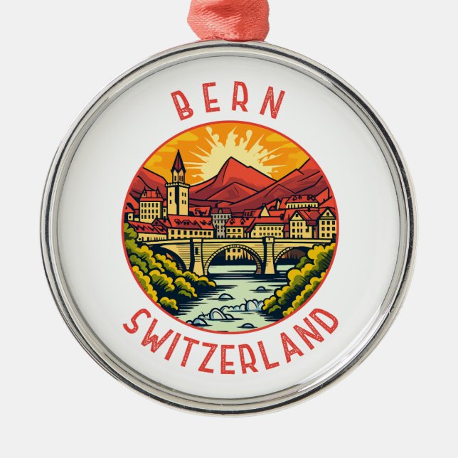 Bern Switzerland Retro Distressed Circle Metal Tree Decoration (Front)