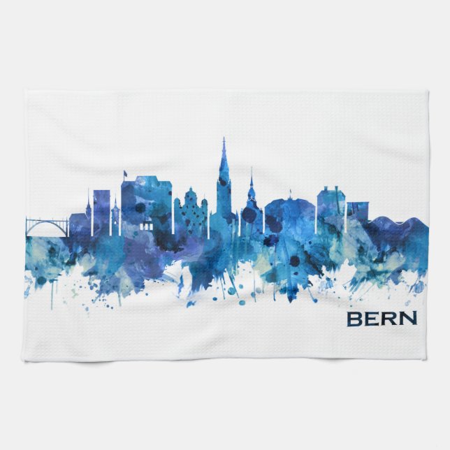 Bern Switzerland Skyline Blue Tea Towel (Horizontal)