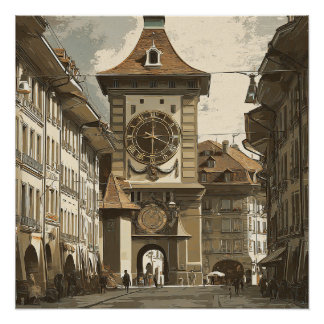 Bern Switzerland Vintage Clock Travel   Poster