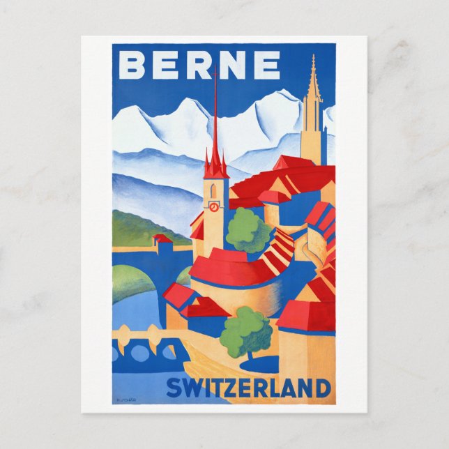 Bern Switzerland Vintage Travel Poster Restored Postcard (Front)