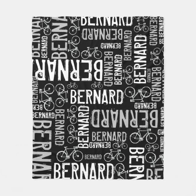 Bernard Personalised Name and Bikes Black-White Fleece Blanket (Front)