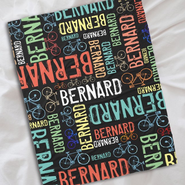 Bernard Repeating Colourful Names and Bikes  Fleece Blanket (cool typography)