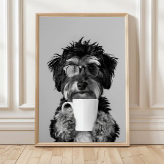 Bernedoodle And Coffee Wall Art, Black and White  Poster