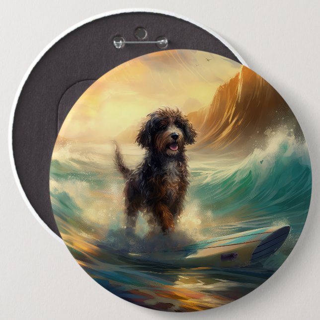 Bernedoodle Beach Surfing Painting  6 Cm Round Badge (Front & Back)
