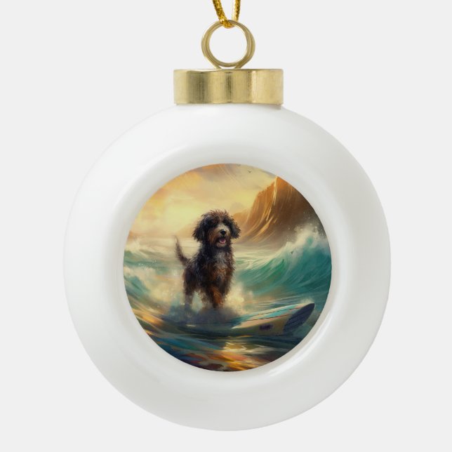 Bernedoodle Beach Surfing Painting  Ceramic Ball Christmas Ornament (Front)