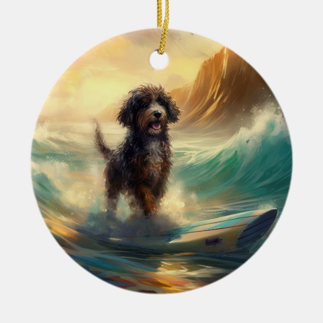 Bernedoodle Beach Surfing Painting  Ceramic Tree Decoration (Front)