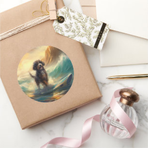 Bernedoodle Beach Surfing Painting  Classic Round Sticker