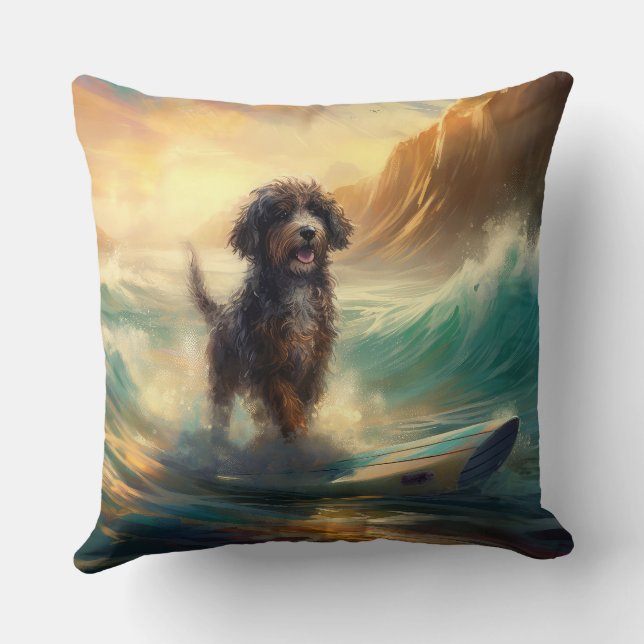 Bernedoodle Beach Surfing Painting  Cushion (Back)