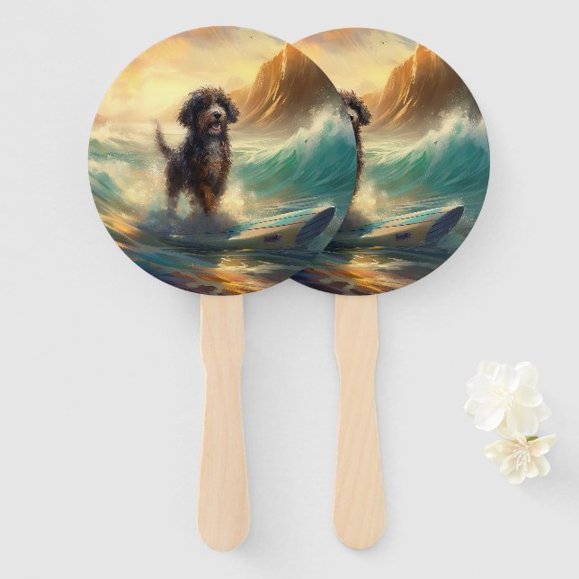 Bernedoodle Beach Surfing Painting  Hand Fan (Front and Back)
