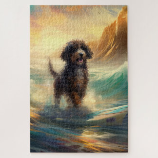 Bernedoodle Beach Surfing Painting Jigsaw Puzzle
