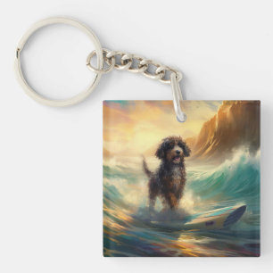 Bernedoodle Beach Surfing Painting  Key Ring