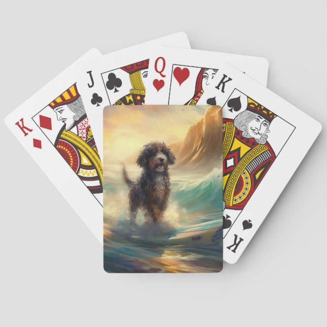 Bernedoodle Beach Surfing Painting  Playing Cards (Back)