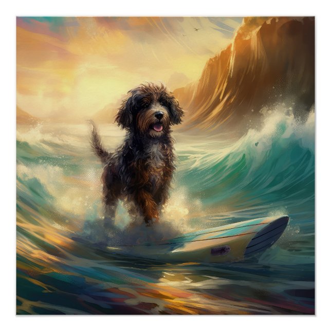 Bernedoodle Beach Surfing Painting  Poster (Front)