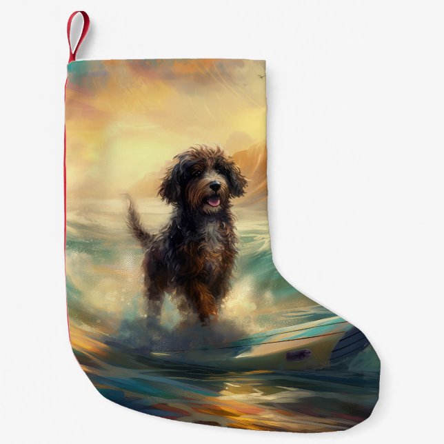 Bernedoodle Beach Surfing Painting  Small Christmas Stocking (Front)