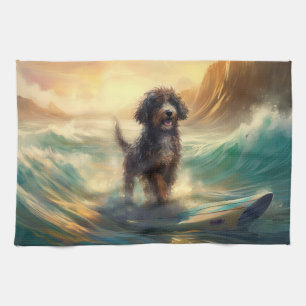 Bernedoodle Beach Surfing Painting Tea Towel