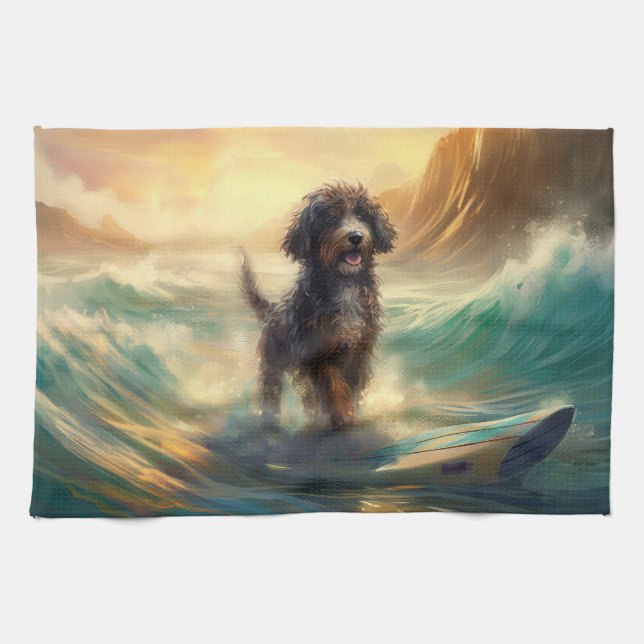 Bernedoodle Beach Surfing Painting  Tea Towel (Horizontal)