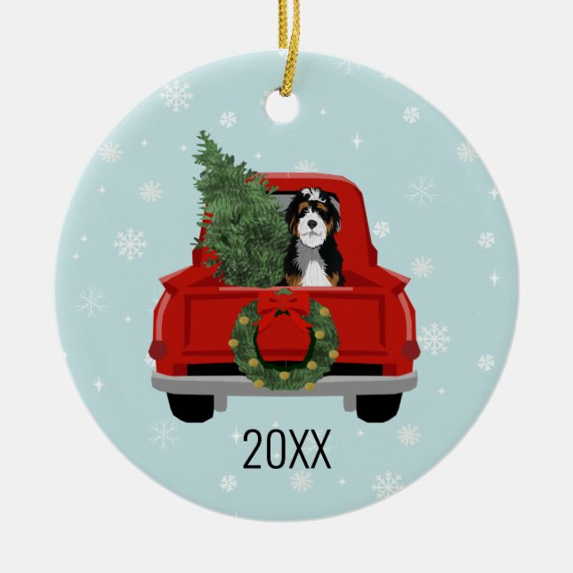 Bernedoodle christmas dog red truck ceramic tree decoration (Front)