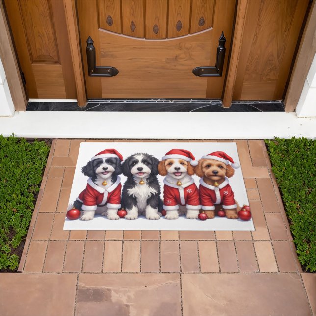 Bernedoodle Christmas Dress Santa Hat Doormat (Outdoor)