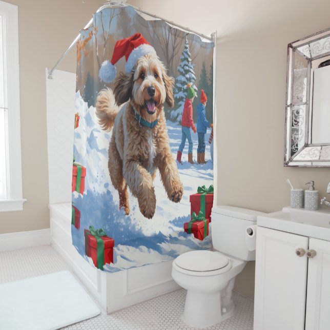 Bernedoodle Christmas Festive Snow Scene Shower Curtain (In Situ)