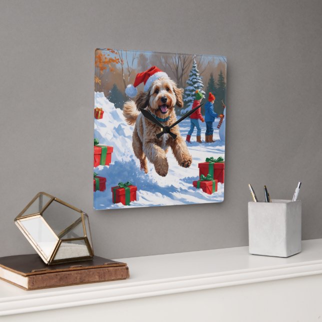 Bernedoodle Christmas Festive Snow Scene Square Wall Clock (Office)