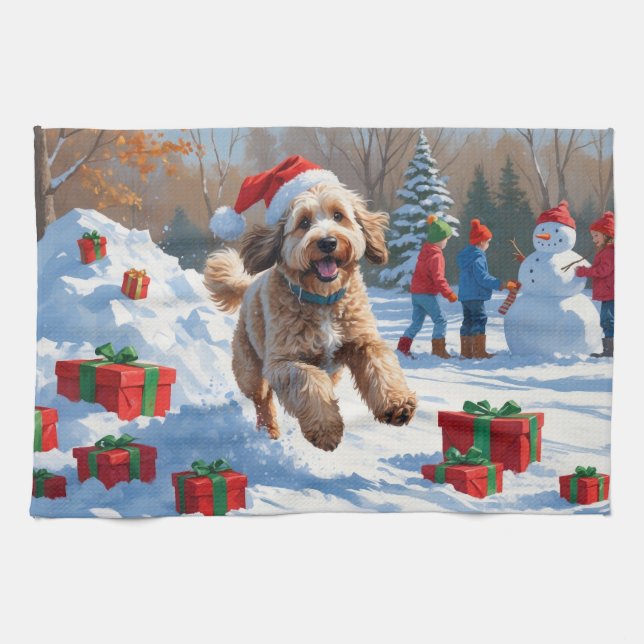 Bernedoodle Christmas Festive Snow Scene Tea Towel (Horizontal)