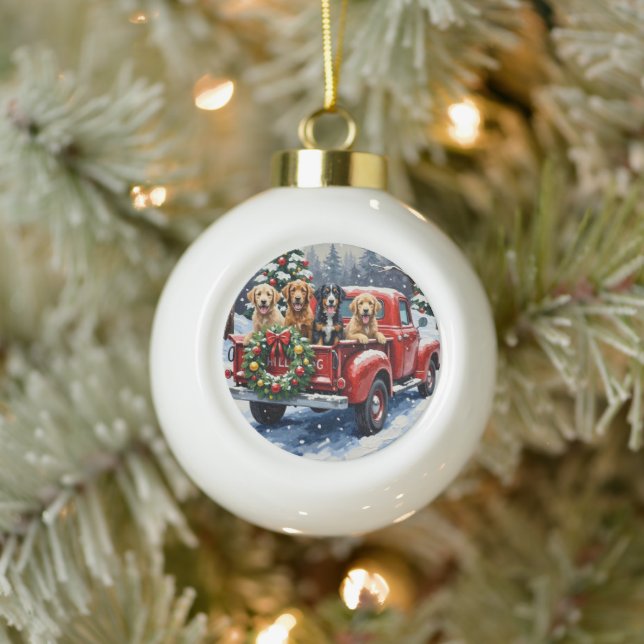 Bernedoodle Christmas Red Truck Holiday Ceramic Ball Christmas Ornament (Tree)