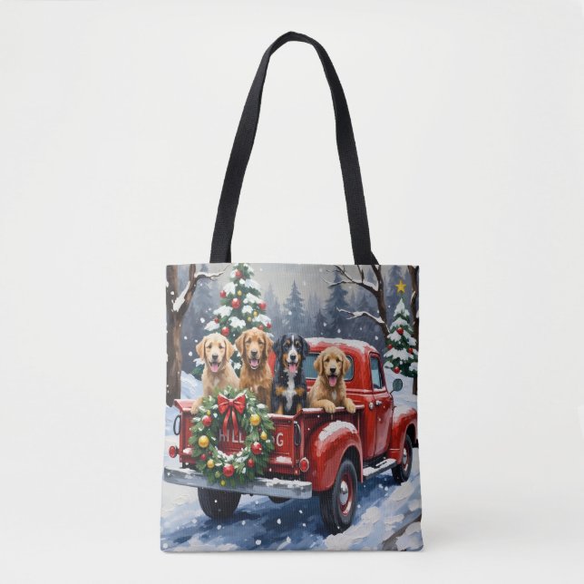 Bernedoodle Christmas Red Truck Holiday Tote Bag (Front)