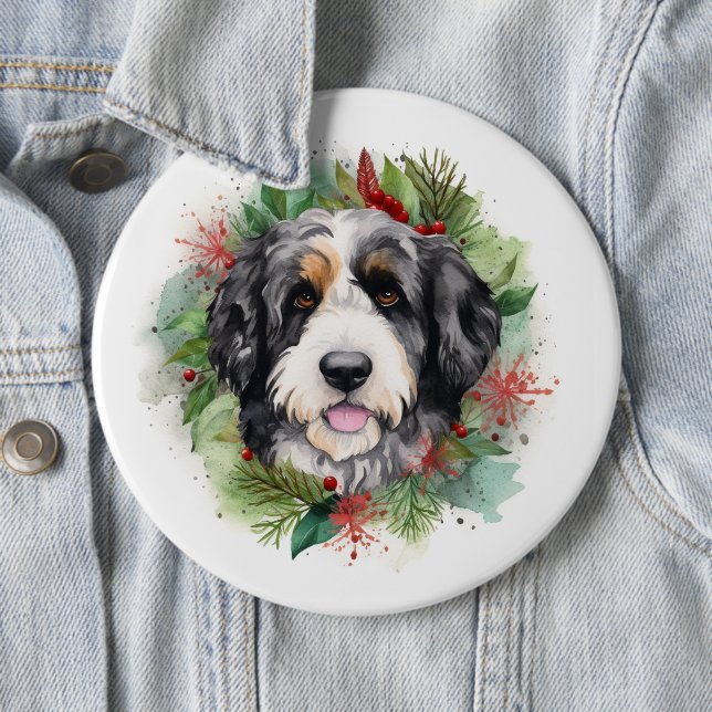 Bernedoodle Christmas Wreath Festive Pup 6 Cm Round Badge (In Situ)