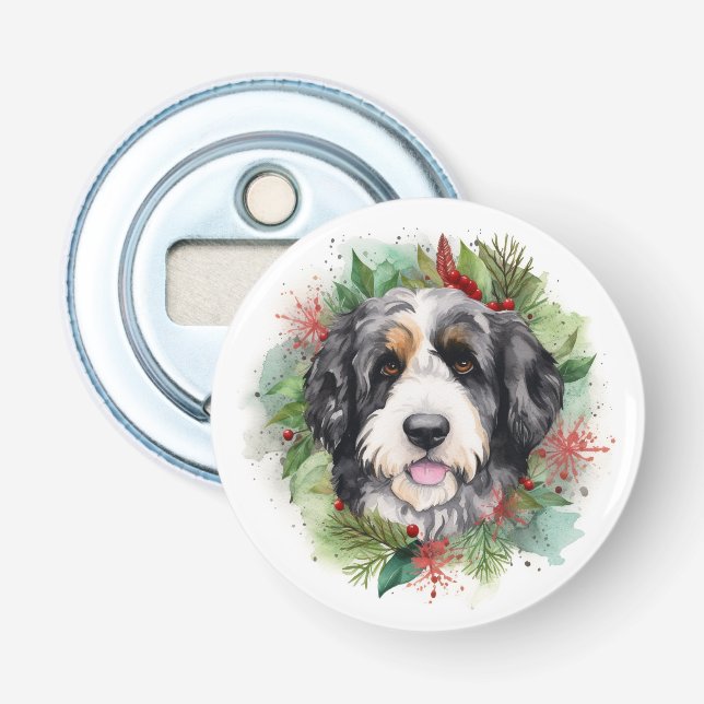 Bernedoodle Christmas Wreath Festive Pup Bottle Opener (Front)