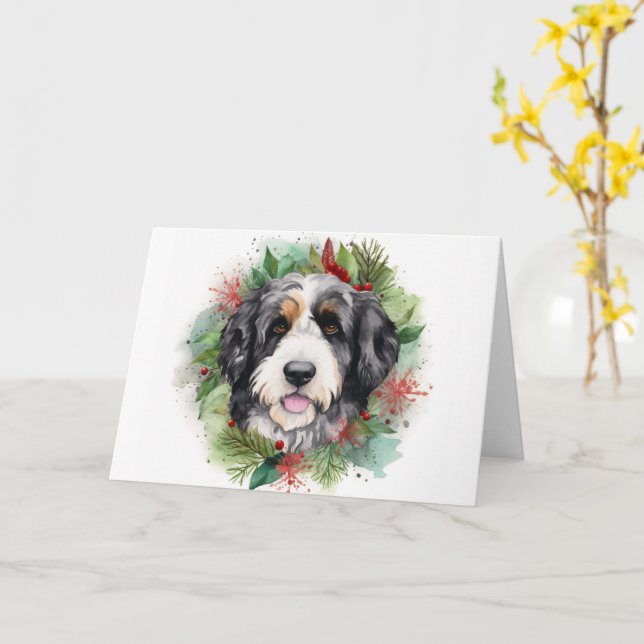 Bernedoodle Christmas Wreath Festive Pup Card (Yellow Flower)