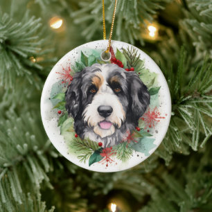 Bernedoodle Christmas Wreath Festive Pup Ceramic Tree Decoration