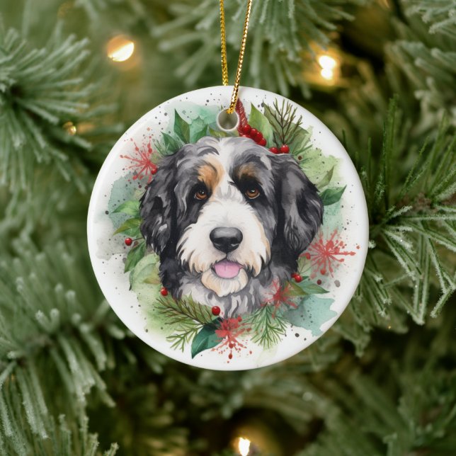 Bernedoodle Christmas Wreath Festive Pup Ceramic Tree Decoration (Tree)