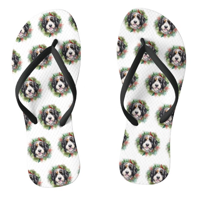 Bernedoodle Christmas Wreath Festive Pup Flip Flops (Footbed)