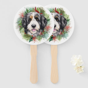 Bernedoodle Christmas Wreath Festive Pup Hand Fan