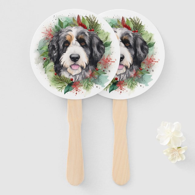Bernedoodle Christmas Wreath Festive Pup Hand Fan (Front and Back)