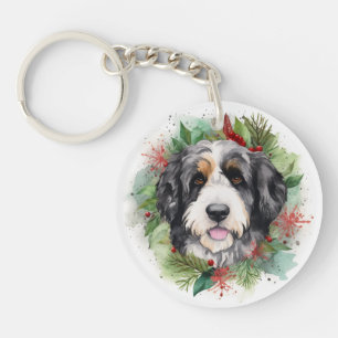 Bernedoodle Christmas Wreath Festive Pup Key Ring