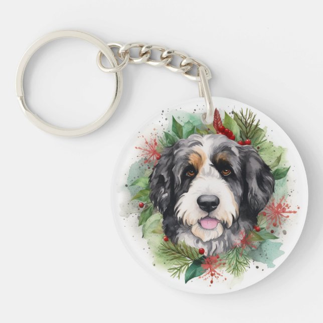 Bernedoodle Christmas Wreath Festive Pup Key Ring (Front)