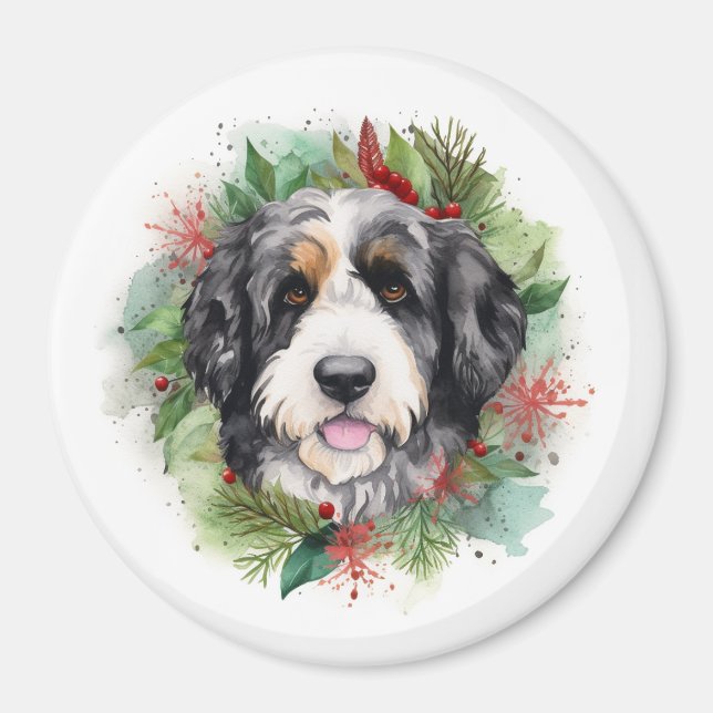 Bernedoodle Christmas Wreath Festive Pup Magnet (Front)