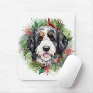 Bernedoodle Christmas Wreath Festive Pup Mouse Mat