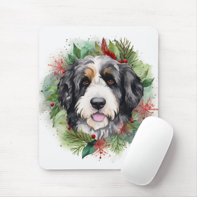 Bernedoodle Christmas Wreath Festive Pup Mouse Mat (With Mouse)