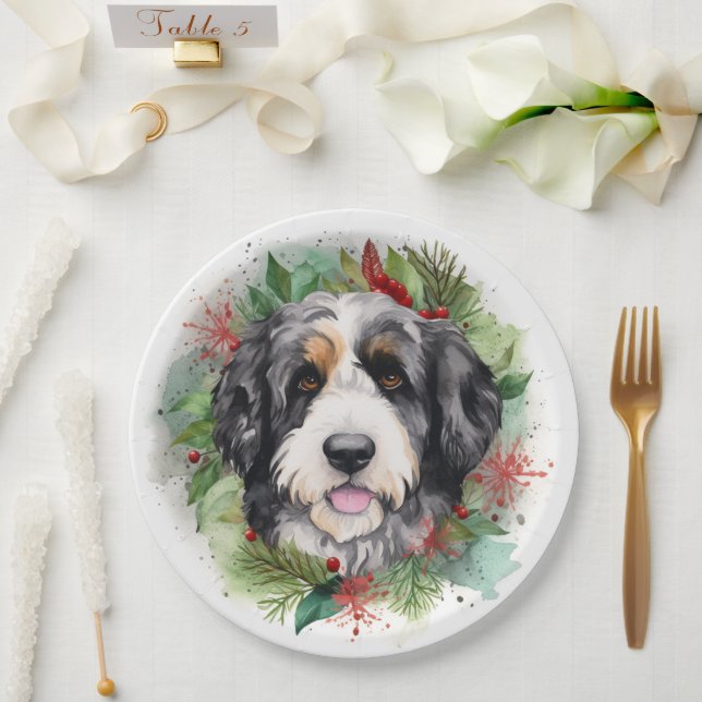 Bernedoodle Christmas Wreath Festive Pup Paper Plate (Wedding)