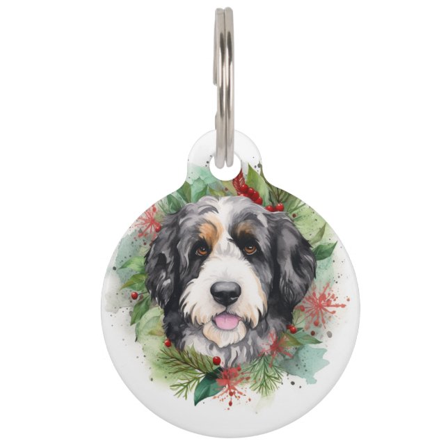 Bernedoodle Christmas Wreath Festive Pup Pet Tag (Front)