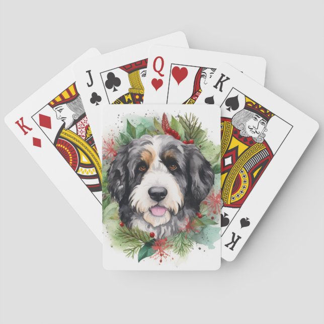 Bernedoodle Christmas Wreath Festive Pup Playing Cards (Back)