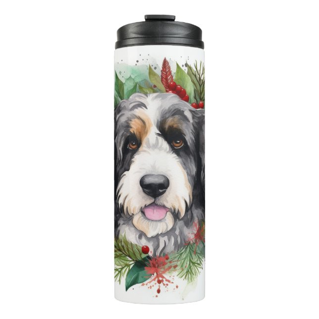 Bernedoodle Christmas Wreath Festive Pup Thermal Tumbler (Front)
