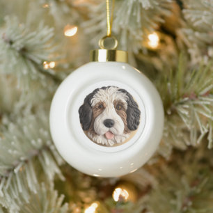 Bernedoodle Dog 3D Inspired Ceramic Ball Christmas Ornament