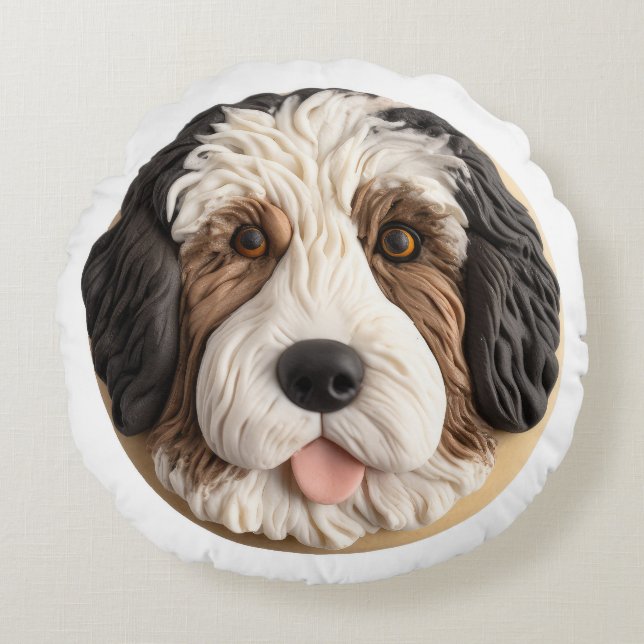 Bernedoodle Dog 3D Inspired Round Cushion (Front)